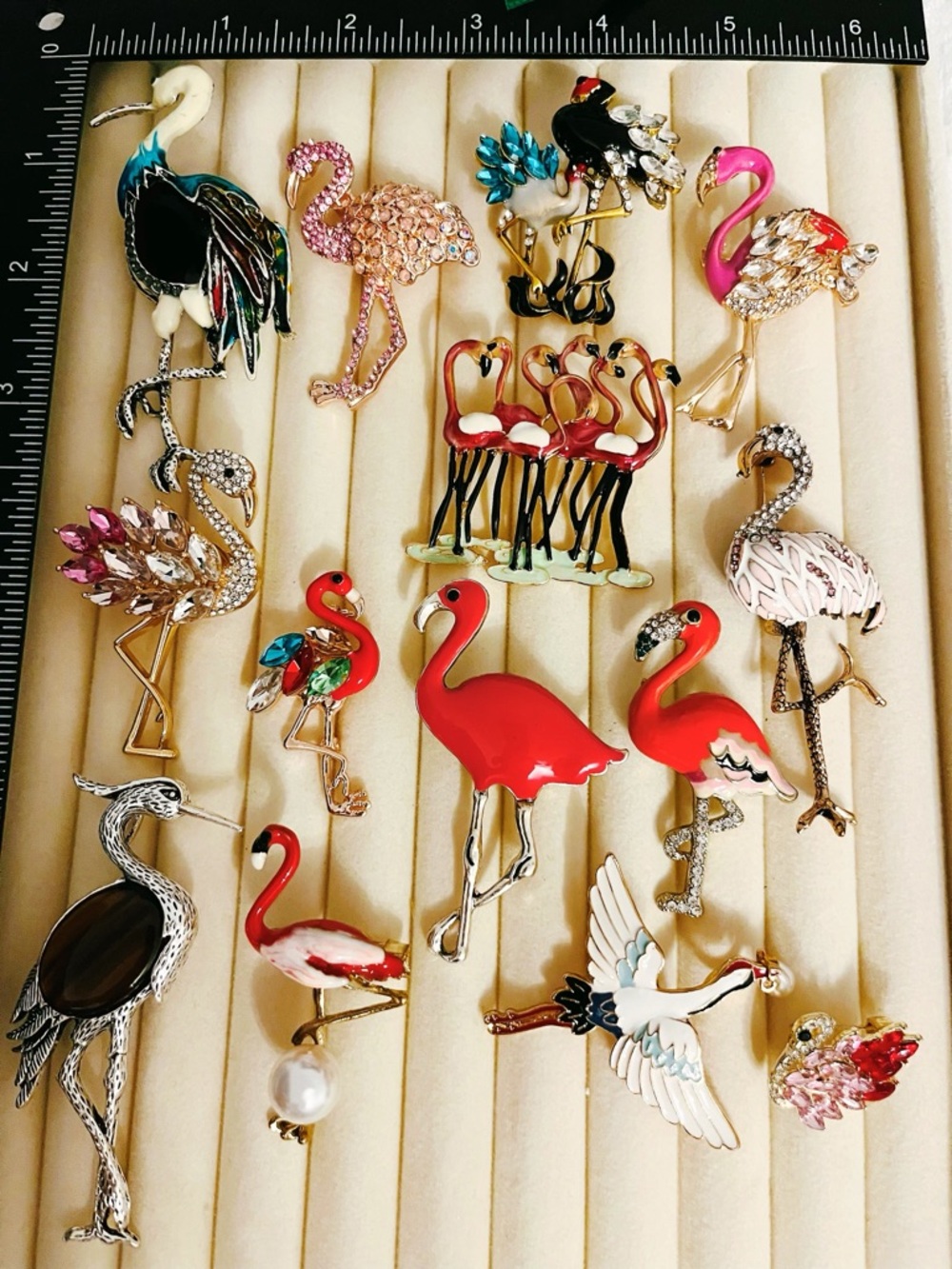 14pc Vintage Style Flamingo Brooch Lot - Exquisite Rhinestone Enamel Pins